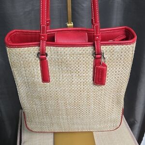 Coach Vintage Cabana Red Leather Straw Bag  EUC